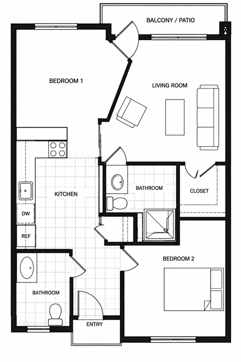 Floor plan for 2 beds, 1.5 baths, 760 sqft